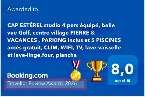 CAP ESTÉREL studio 4 pers équipé, belle vue Golf, centre village PIERRE & VACANCES , PARKING inclus et 5 PISCINES accès gratuit, CLIM, WIFI, TV, lave-vaisselle et lave-linge,four, plancha in Saint-Raphaël