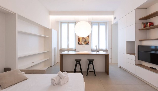 The studio flat located in Viale Giovanni da Cermenate 54, Milan, is an elegant and modern space on the mezzanine floor, perfect for accommodating 1 to 2 people.The room is bright and well furnished, with a contemporary design that creates a cosy and fun